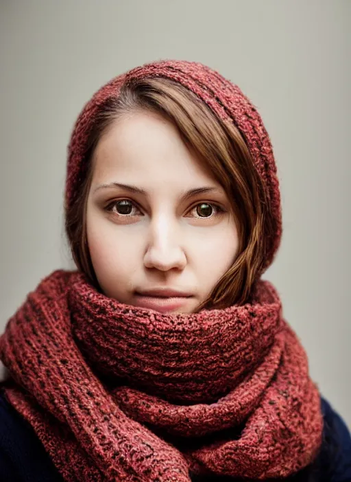 Prompt: portrait of a 2 3 year old woman, symmetrical face, scarf, she has the beautiful calm face of her mother, slightly smiling, ambient light, earring