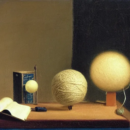 Prompt: A still life, yarn ball, keys, clutter, desk, lamp, gears, Henrique Alvim Corrêa, Hercules Brabazon