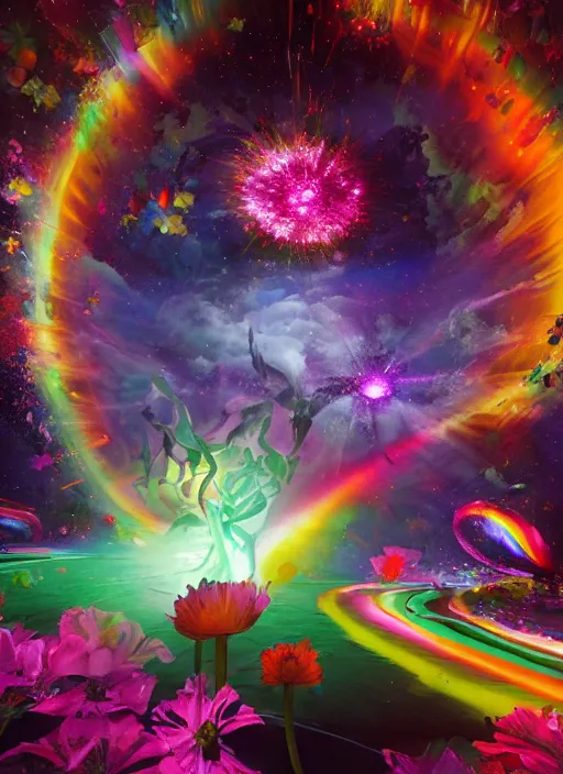Image similar to An epic fantastic realism comic book style painting of the most beautiful spinning flowers floating into the dark cosmos, exquisite bouquets, fisheye, a star explodes into rainbows, unreal 5, DAZ, hyperrealistic, octane render, dynamic lighting