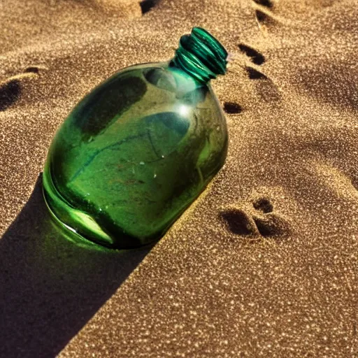 Prompt: an old message in a bottle washed up on the beach sand from the 1800s, close up, dslr photo 50mm