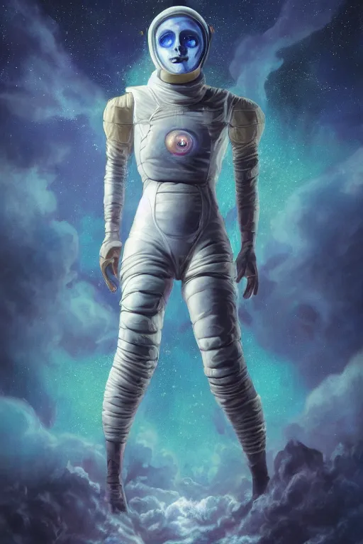 Prompt: biblical daemonic girl wearing a spacesuit, glowing eyes, looking sideways, second coming, centered, portrait by Greg Hildebrandt, studio lighting, muted colors, by Terry Richardson, by Leonardo DaVinci, by Beeple, ultrarelistic, extreme detail, caustics, trending on Artstation, 8K, octane renderer, rtx on