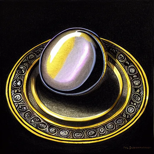 Image similar to in the center lays an ancient chromed artifact in the shape of a ring, ornate with gentle shine. the ring lays on top of a marbled pedestal. the pedestal is in front of a dark misty balcony at night. beautiful lighting. a detailed photorealistic raytraced masterpiece. dark moody fantasy art, still life renaissance pastel painting.