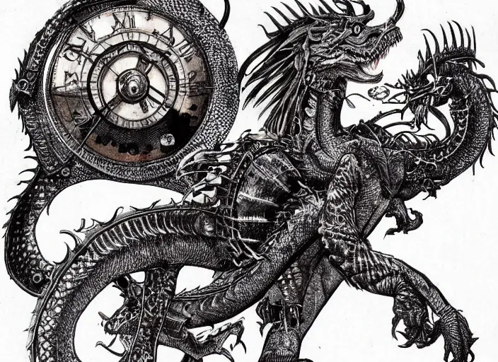 Prompt: pen and ink illustration, dragon with steam punk apparatus on its side, very fine detail, concept art, high detail, fine pen