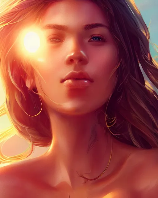 Image similar to summer vibes, beautiful sun tanned woman, flowy golden hair, sun, summer, cinematic lighting, highly detailed, digital painting, trending on artstation, pixiv, concept art, sharp focus, illustration, art by ross tran and wlop