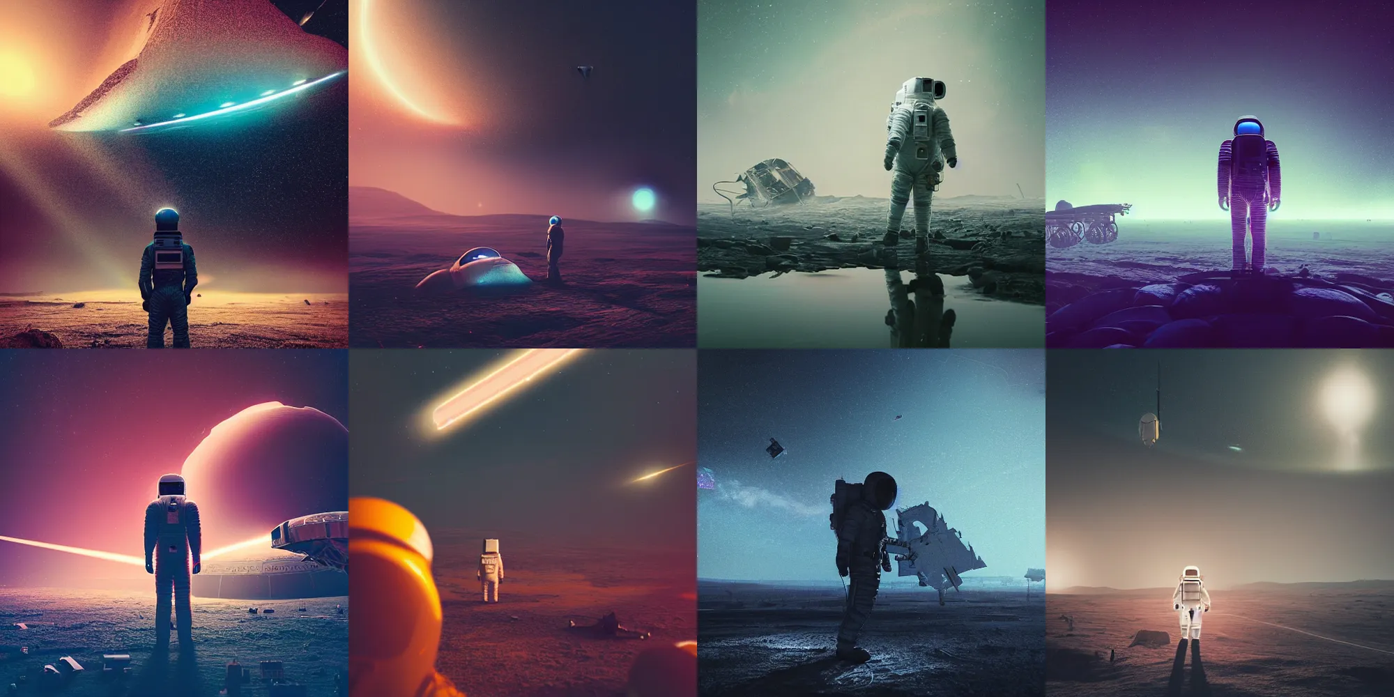 Prompt: beautiful dark landscape, astronaut standing looking at crashed spacecraft, in the style of beeple and Mike Winkelmann, intricate, epic lighting, cinematic composition, hyper realistic, 8k resolution,
