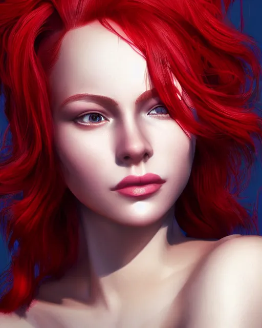 Prompt: a head and shoulder portrait of a beautiful woman with red hair, painted in the colorful style of Kotwdq, trending on Artstation, 8k, photorealistic, hyper detailed, unreal engine