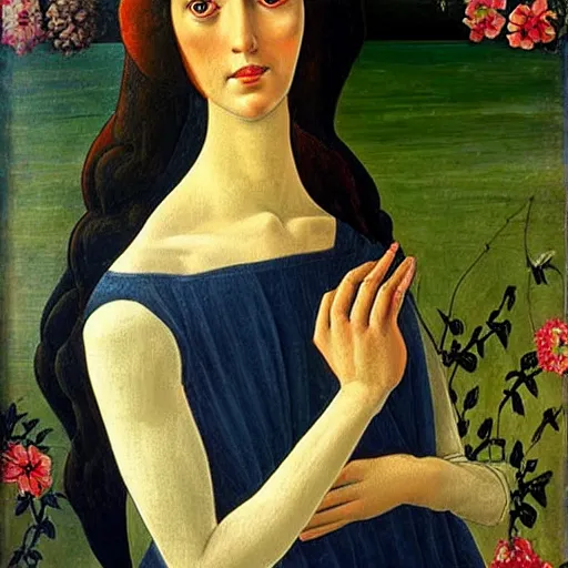 Prompt: painting of a tal dark haired skinny girl in the style of Botticelli,