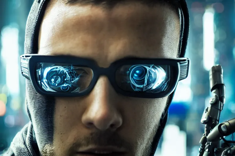 Image similar to cyberpunk hacker closeup portrait in high tech compound by Emmanuel Lubezki