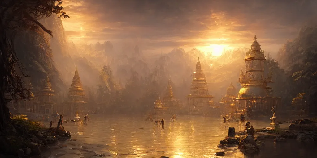 Prompt: a fantasy golden temple city, light shafts, golden aura, monks in robes, epic atmosphere, by greg rutkowski, nature by asher brown durand