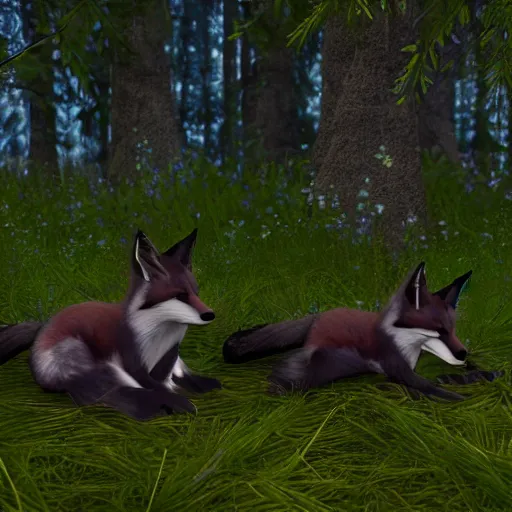 Image similar to second life in game screenshot of black foxes cuddling next to each other in a beautiful fantasy forest lit with fireflies, 3 d render, octane engine, unreal engine 4, 4 k screenshot