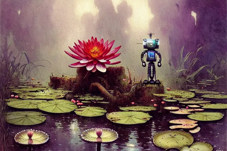 Prompt: adventurer ( ( ( ( ( 1 9 5 0 s retro future robot mouse amphibious vehical home android. muted colors. swamp mushrooms. water lilies ) ) ) ) ) by jean baptiste monge!!!!!!!!!!!!!!!!!!!!!!!!! chrome red