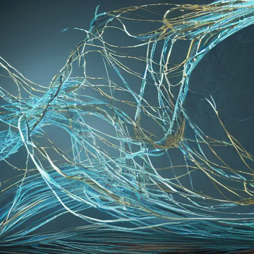 Prompt: five long, flowing cloaks made of millions of thin ribbons and threads of translucent gold, silver, and blue that are twisting, swirling, unraveling, and pulling apart into vast webbing structures, unreal engine