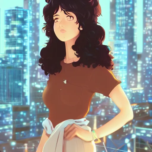 Prompt: a beautiful woman with a soft smile and afro hair , dark brown hair and tan skin, dark brown eyes, city landscape, 4k, anime key visual, lois van baarle, ilya kuvshinov, rossdraws, artstation