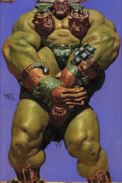 Image similar to full body portrait of huge hulking mark henry as armoured demon, simple background, painted by jack kirby, lawrence alma tadema, norman rockwell, greg staples, wayne barlow, jacob collins, tom lovell, frank schoonover, neville page