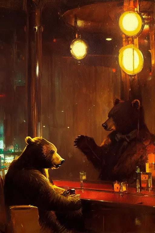 Image similar to portrait of bear gambling in the night club by anders zorn, wonderful masterpiece by greg rutkowski, beautiful cyberpunk lofi cinematic light, by greg manchess, jessica rossier
