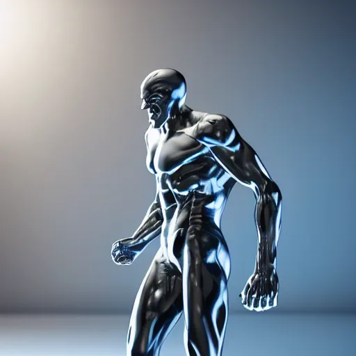 Prompt: still photo of silver surfer on his board, highly detailed, photorealistic portrait, bright studio setting, studio lighting, crisp quality and light reflections, unreal engine 5 quality render