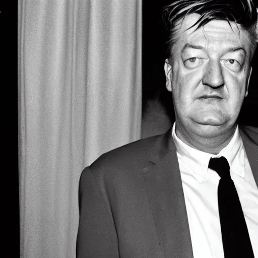 Image similar to Stephen Fry dressed up like David Lynch. CineStill