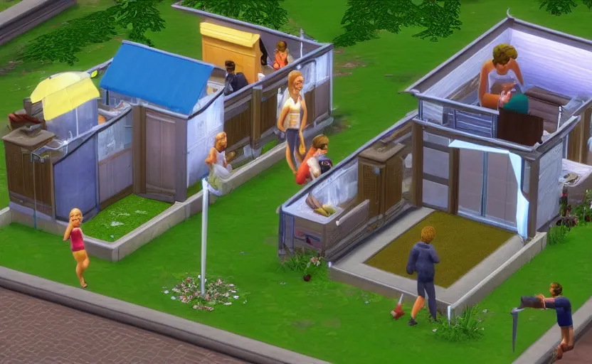 Image similar to little ai copies of a families playing out the motions of a dinner, the sims 1 graphics