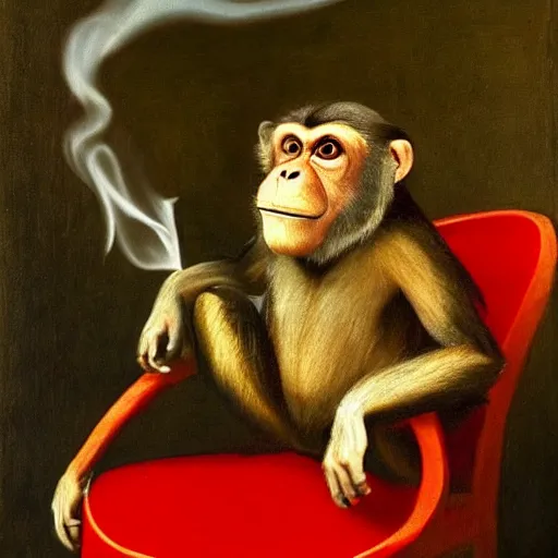 Image similar to renaissance painting of a monkey wearing a suit sitting in a red chair, smoke, dramatic