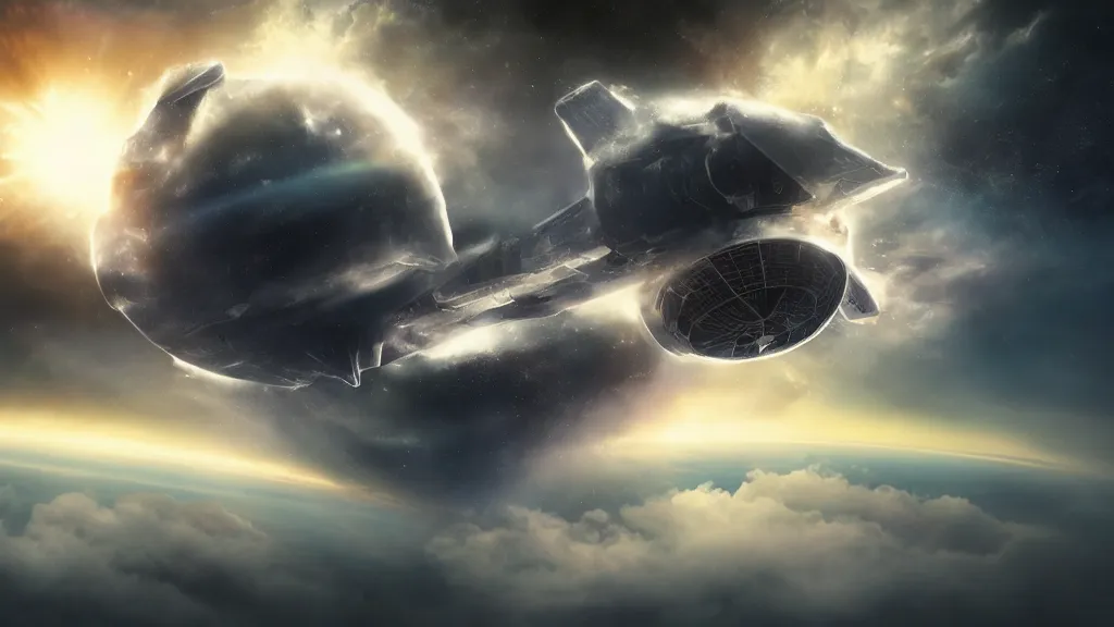 Prompt: space ship bursting through the clouds, dramatic cinematic action shot, matte painting, concept art, realistic, fluffy clouds, sci fi, space craft, 8k