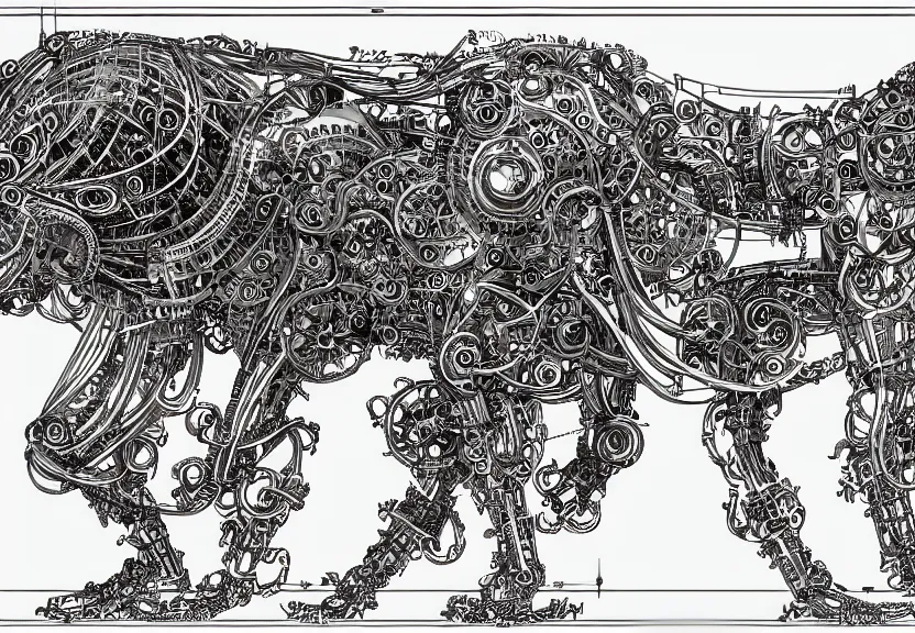 Prompt: 1 / 4 schematic blueprint of highly detailed ornate filigreed convoluted ornamented elaborate cybernetic rat, full body, character design, inside frame, middle of the page, art by da vinci