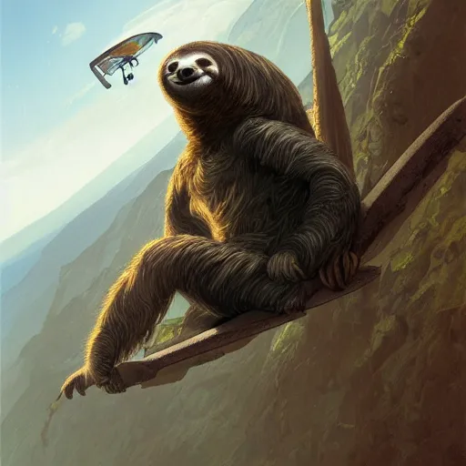 Image similar to detailed science - fiction character portrait of a sloth hang gliding, wild, highly detailed, digital painting, artstation, concept art, smooth, sharp focus, illustration, art by artgerm and greg rutkowski and alphonse mucha