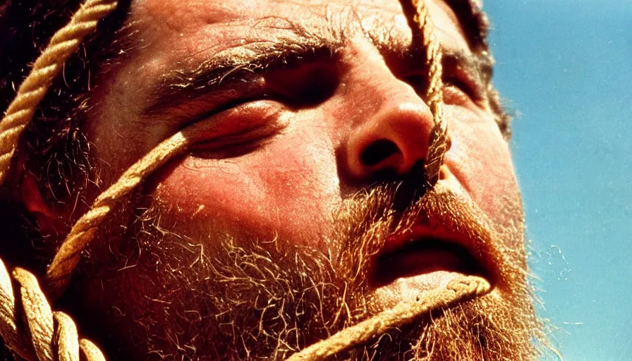 Image similar to 1 9 7 0 s movie still close - up of marcus atilius regulus'face tied with ropes at a pole with stiched forced - open eyes looking at the burning sun, eyes blood, cinestill 8 0 0 t 3 5 mm, high quality, heavy grain, high detail, texture, dramatic light, anamorphic, hyperrealistic, detailed hair