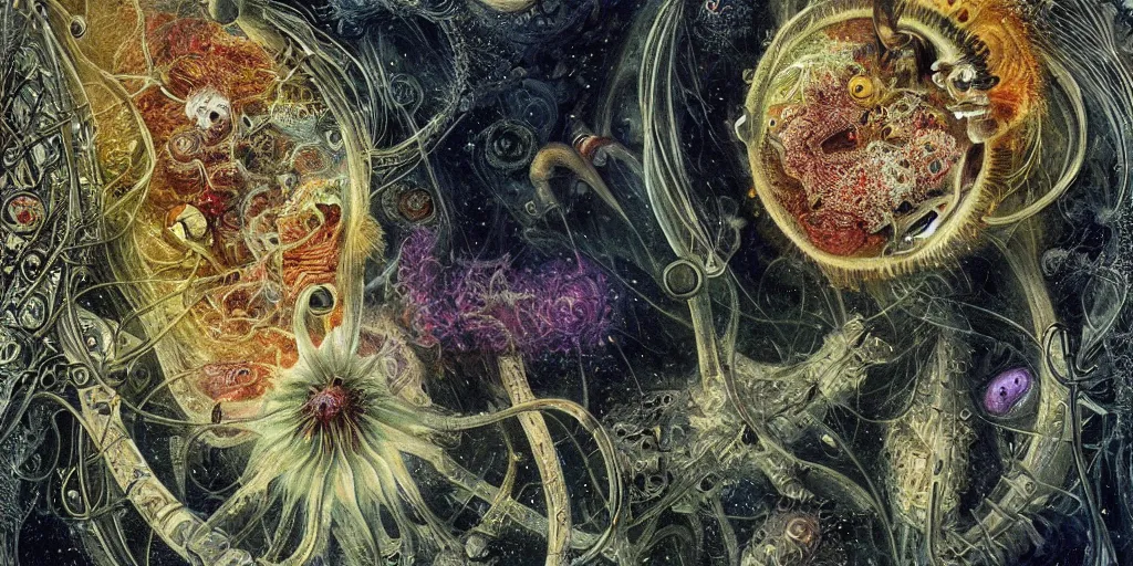 Image similar to a beautiful dreamy painting of a coronavirus inside a high-resolution television screen, laughing alien face, dark, sinister, detailed, art by Ernst Haeckel and Matt Lombardi and Greg Rutkowski-H 576