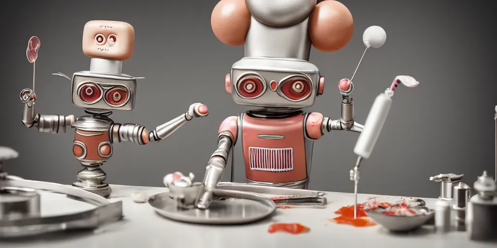 Image similar to closeup portrait of tin toy retro robot chef cooking pastry in a chemical lab, depth of field, zeiss lens, detailed, centered, fashion photoshoot, by nicoletta ceccoli, mark ryden, lostfish, breathtaking, 8 k resolution, extremely detailed, beautiful, establishing shot, artistic, hyperrealistic, octane render