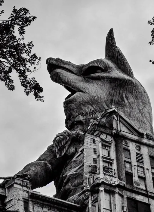 Image similar to giant monster walking between buildings, and it has the angry face of the statue of liberty