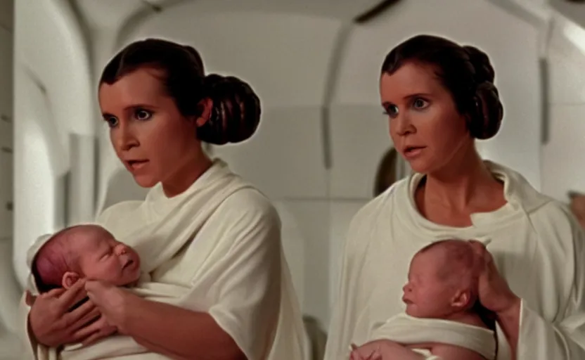 Prompt: screenshot of Princess Leia Organa holding a new born baby in a swaddle, Han Solo watches, iconic scene from 1970s film directed by by Stanley Kubrick, in a sci fi nursing home architecture, 4k HD sharp, cinematic still frame, photoreal, detailed face, moody lighting, stunning cinematography, anamorphic lenses, kodak color film stock