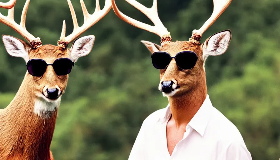 Prompt: a yound deer wearing a white shirt and sunglasses, national geographic, our planet