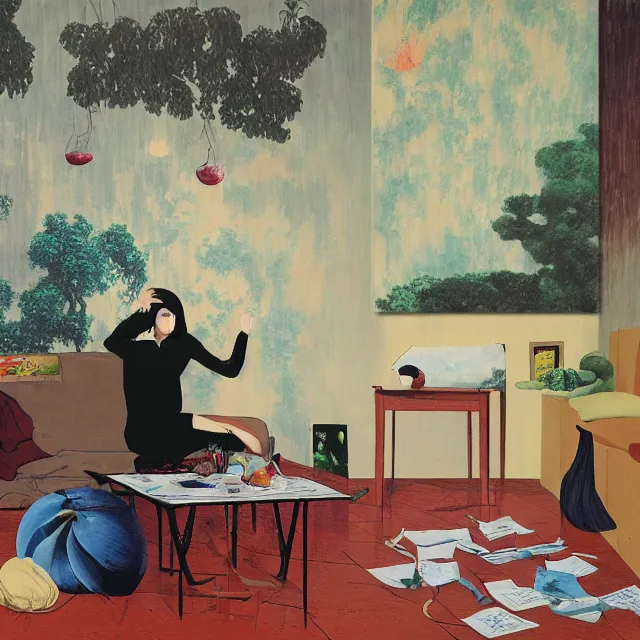 Prompt: female emo art student in her lounge room, painting of flood waters inside an artist's loungeroom, a river flooding indoors, pomegranates, pigs, ikebana, water, octopus, river, rapids, waterfall, black swans, canoe, berries, acrylic on canvas, surrealist, by magritte and monet