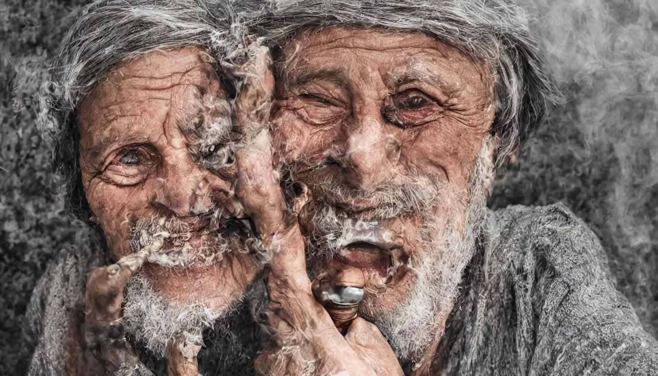 Image similar to hyper realistic color photo, portrait of a single weathered old man, aesthetic laughing woman smoking pipe, cables, vapour emerge from their eyes, dramatic lighting and shadow!!, full colour, upscale, 8 k, masterpiece