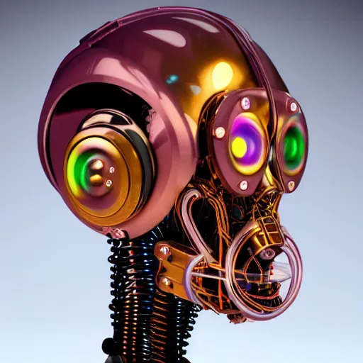 Image similar to a glossy claymodel of a steampunk robot head with glowing futuristic steampunk headphones, 8 k, symetrical, flourescent colors, halluzinogenic, multicolored, insanely detailed, black background, 3 d render,