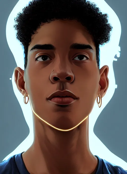 Image similar to portrait of chuck clayton, lightskin black teenage boy, very short curly hair, very short hair, short hair, strong jawline, square jaw, slight smile, reading archie comic, intricate, elegant, glowing lights, highly detailed, digital painting, artstation, concept art, smooth, sharp focus, illustration, art by wlop, mars ravelo and greg rutkowski