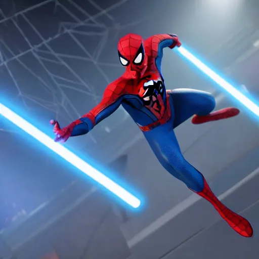 Image similar to spider - man fighting with a blue lightsaber, photorealistic, unreal engine
