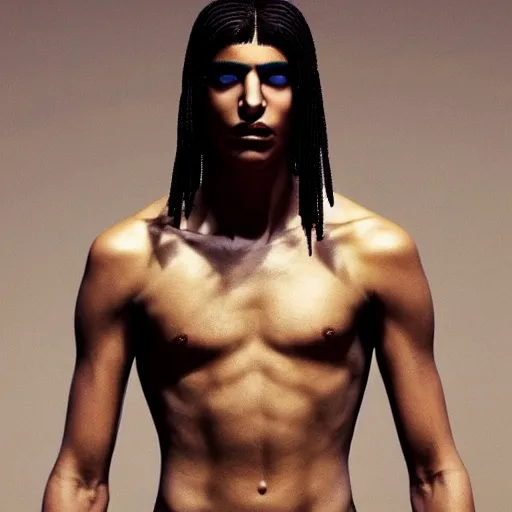 Image similar to a beautiful young athletic moroccan male characterized as an alien with yellow and purple ombre skin, the alien has tattoos, photographed by erwin olaf for a dune movie