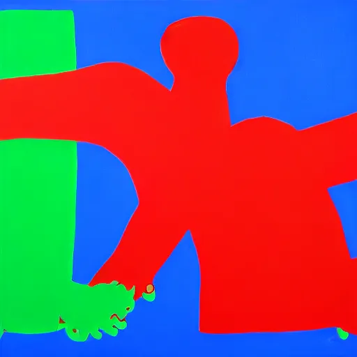 Image similar to acrylic abstract painting using primary red and blue on canvas, by keith haring and andy warhol