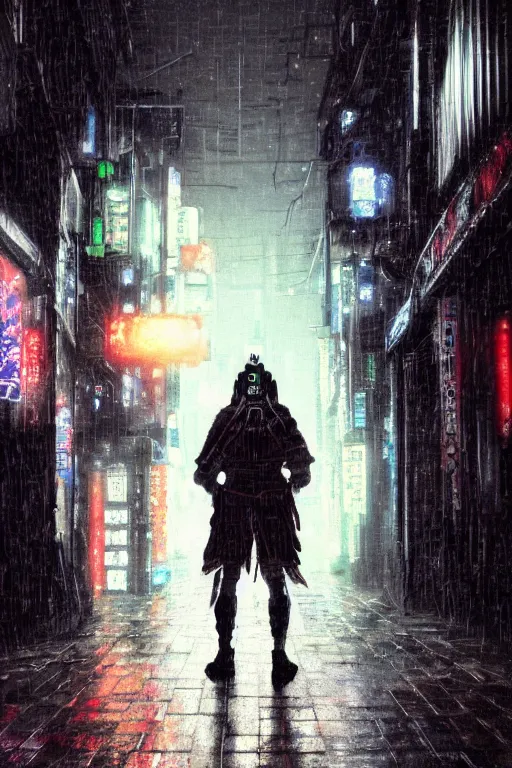 Image similar to a cyberpunk samurai in a raining cobblestone alleyway in tokyo, neon lights, full moon, fog cinematic greg rutkowski