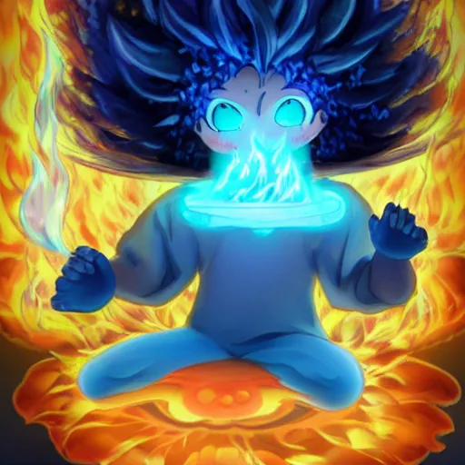 Image similar to fluffy popcorn elemental spirit anime character with a smiling face and flames for hair, sitting on a lotus flower, clean composition, symmetrical