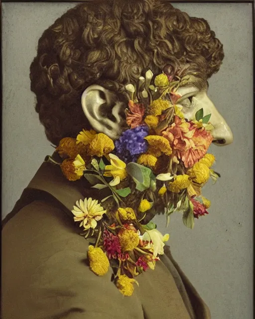 Prompt: a man's face in profile, clean shaven, made of flowers and fruit, in the style of the Dutch masters, dark and moody