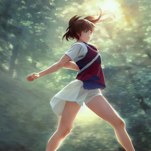 Image similar to girl running, sport clothing, anime style, short hair, hair down, symmetrical facial features, realistic anatomy, from arknights, hyper realistic, 4 k, rule of thirds, extreme detail, detailed drawing, trending artstation, realistic lighting, by alphonse mucha, greg rutkowski, sharp focus, backlit, falling sakura cherry