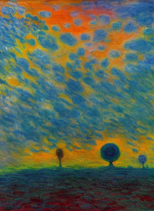 Image similar to dynamic alien landscape with strange trees, floating spaceship, orange and green sunrise, stormclouds, claude monet
