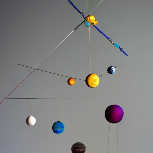 Image similar to a kinetic sculpture of this solar system hanging from horizontal line, orrery, canon 5 d 5 0 mm lens, papier - mache, studio