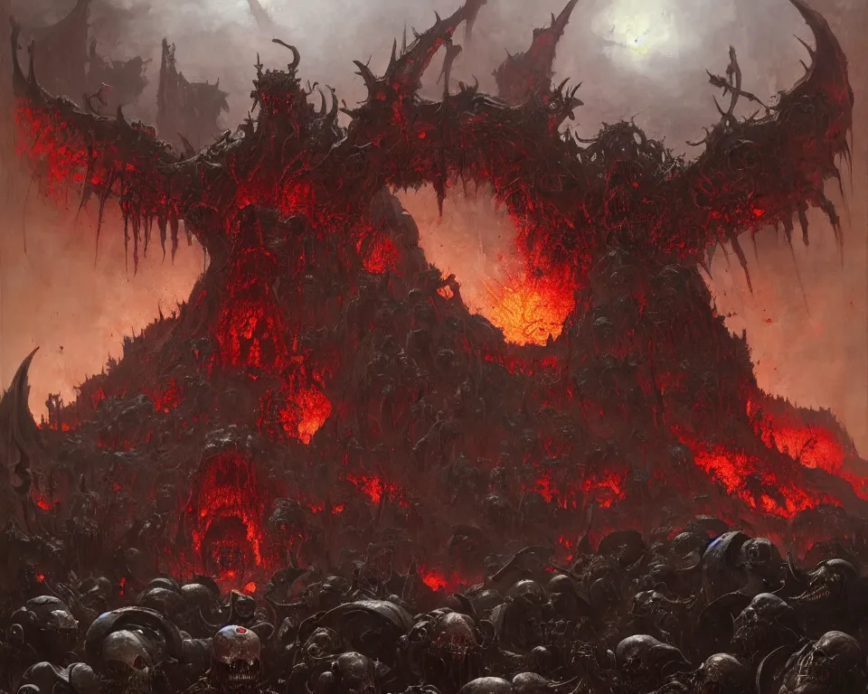 Prompt: doom eternal concept art by jakub rozalski, garden of eternal delights hell by hieronymus bosh, triumph of death by pieter brueghel, doom eternal hell by wayne barlowe