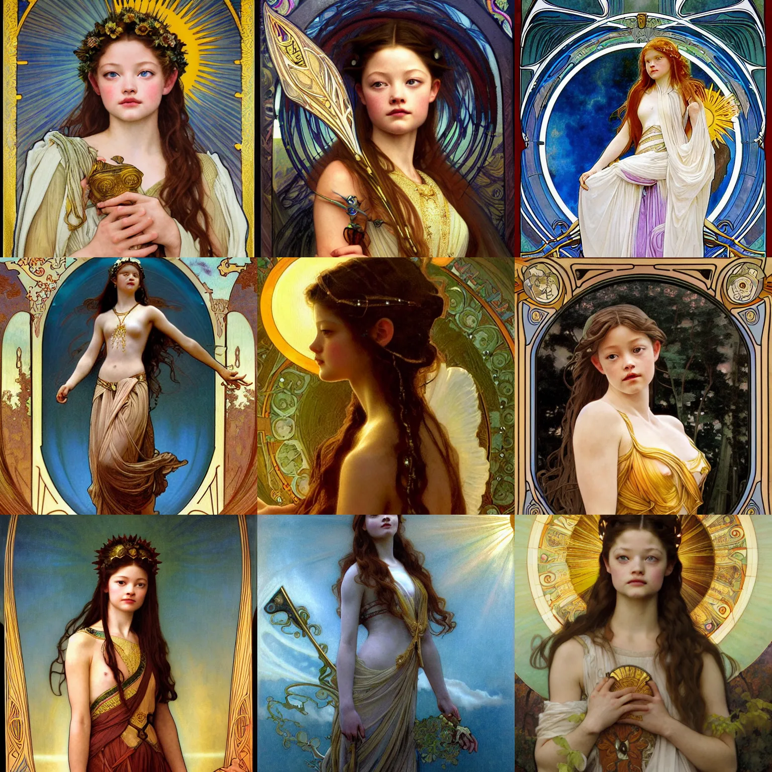 Prompt: stunning, breathtaking, awe-inspiring award-winning concept art nouveau painting of attractive Mackenzie Foy as the goddess of the sun, with anxious, piercing eyes, by Alphonse Mucha, Michael Whelan, William Adolphe Bouguereau, John Williams Waterhouse, and Donato Giancola, cyberpunk, extremely moody lighting, glowing light and shadow, atmospheric, cinematic, 8K