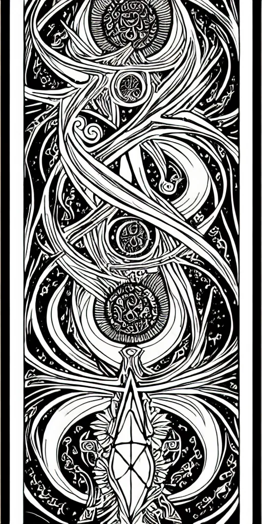 Prompt: a beautiful black and white fractal tarot card featuring bold occult imagery with clean lines. ocean fish cthulhu. detailed adult coloring book