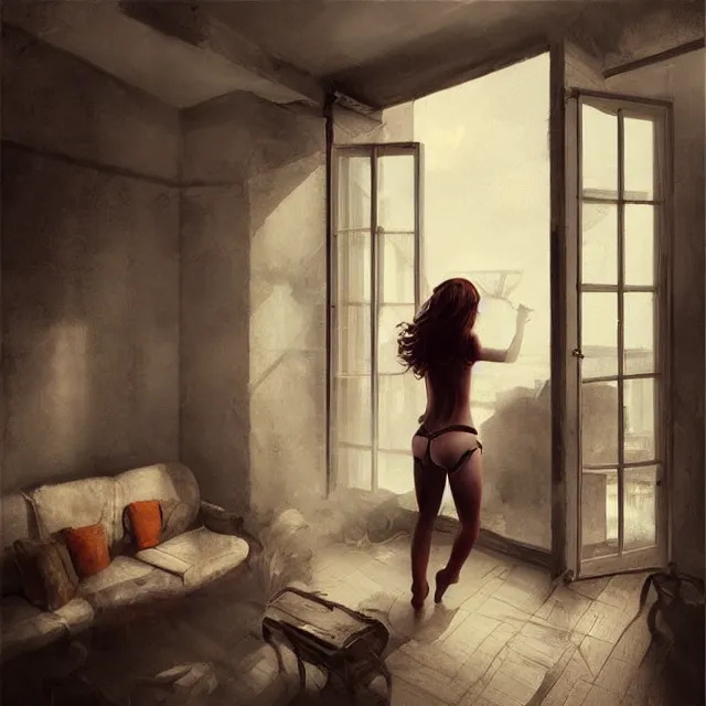 Prompt: window, woman, buildings, surprise, scared, couch by wlop, artgerm, greg rutkowski, evocative, highly detailed