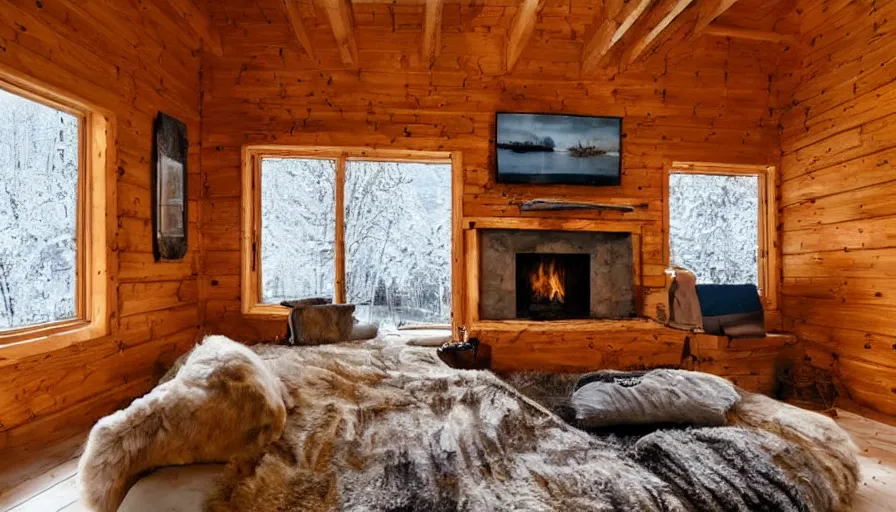 Prompt: empty cozy small cabin, warm, outside winter landscape